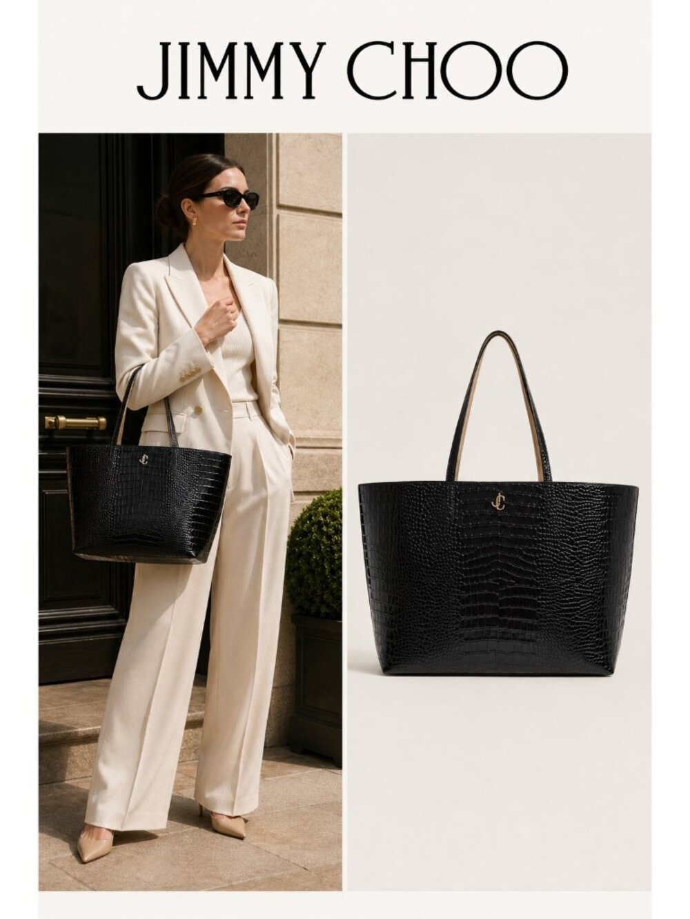 Jimmy Choo Black Croc Embossed Leather Large Tote Bag Gold JC Logo Luxury